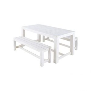 Mesa + 2 bancos de jardín de madera blanca L. 180