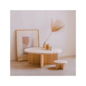 Mesa de centro redonda, mesa de café fabricada en madera maciza de pino, mesa de diseño mediterraneo.